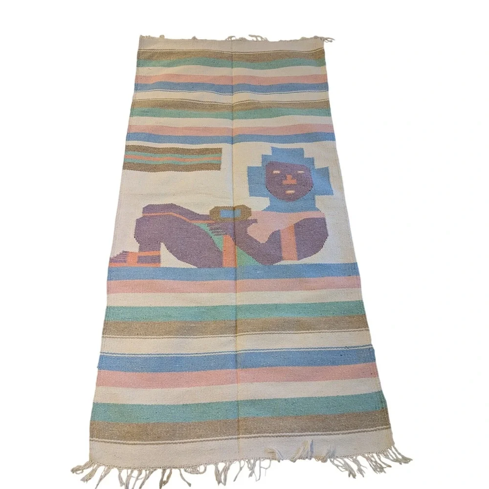 Vintage Zapotec Handwoven Wool Rug Wall Hanging Pastel Reclining Figure 20x48